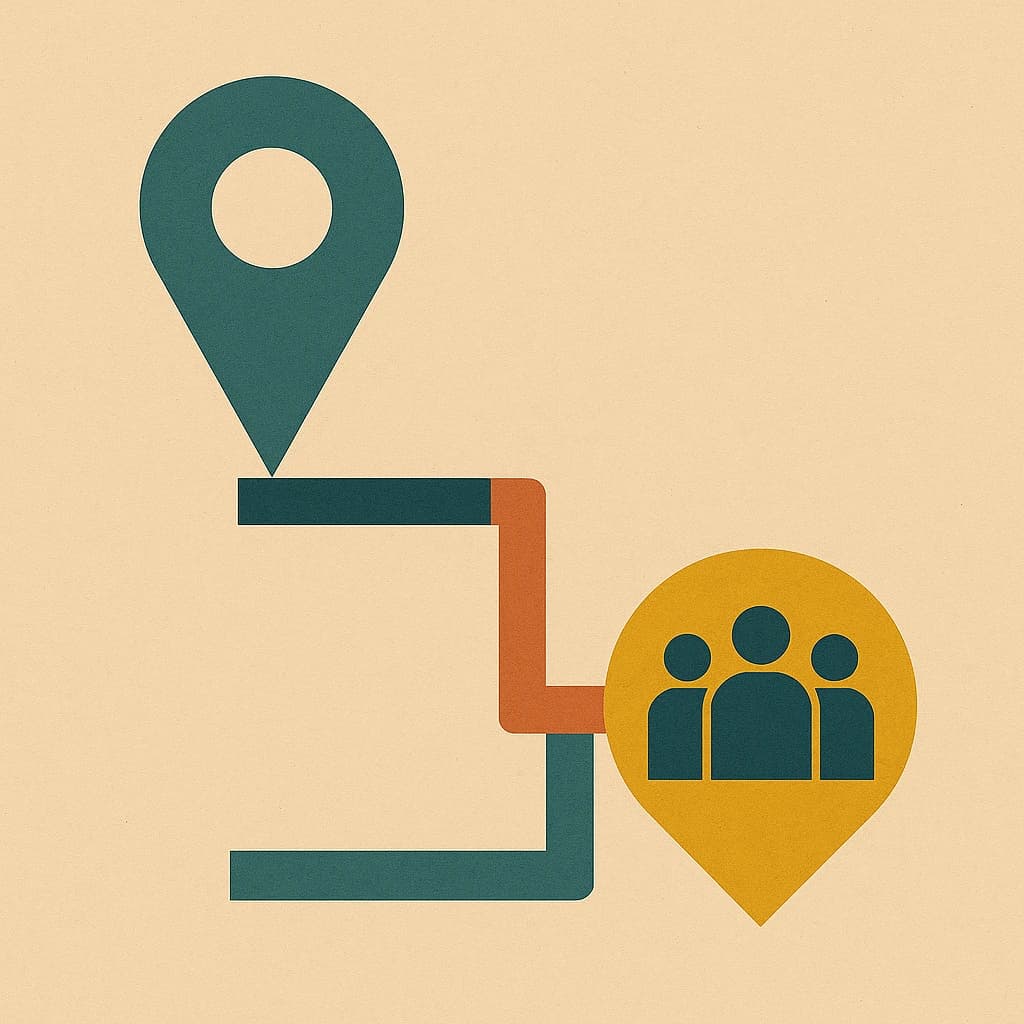 Kortnål med rute til samlingspunkt.