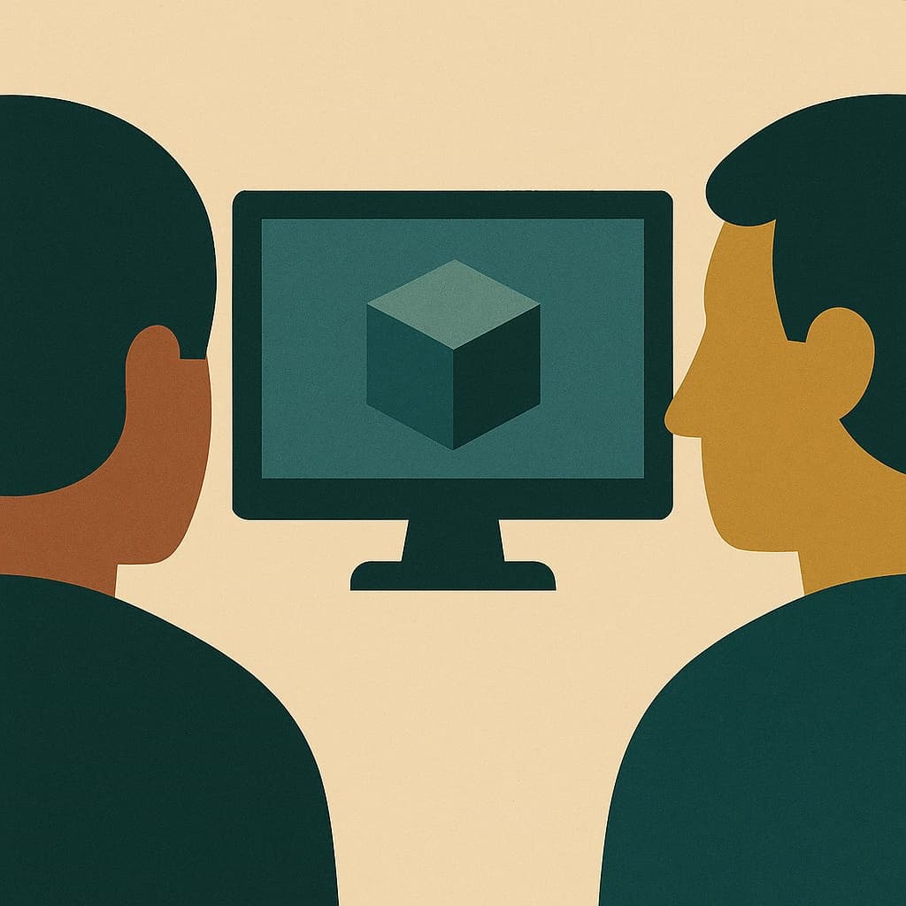 To personer ser på 3D-model på skærm.